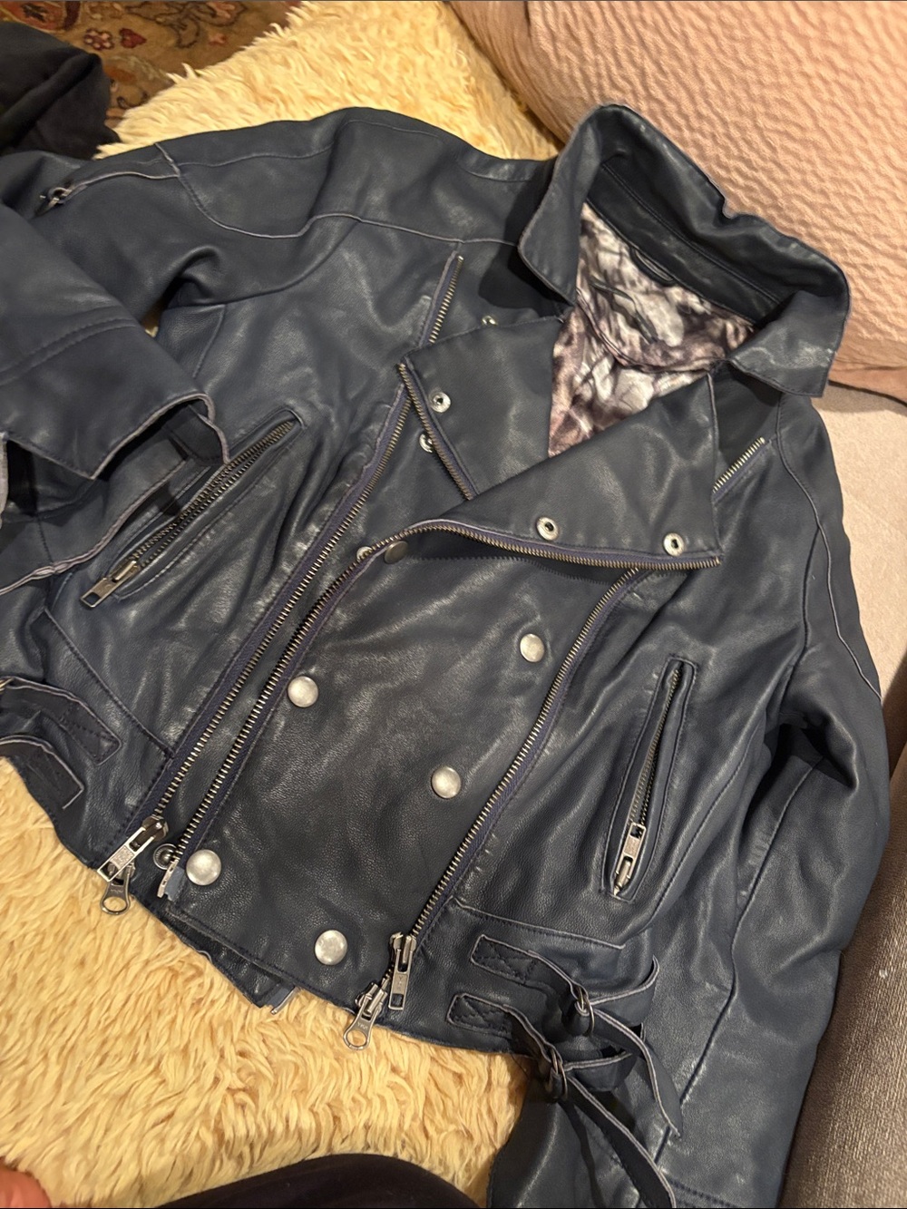Womens Leather Double-Breasted Biker Jacket blue